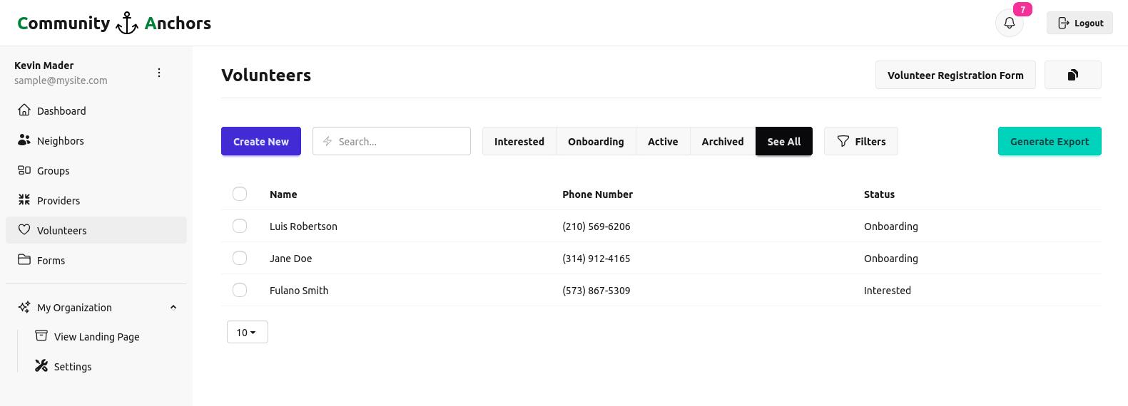 screenshot of volunteers section of site